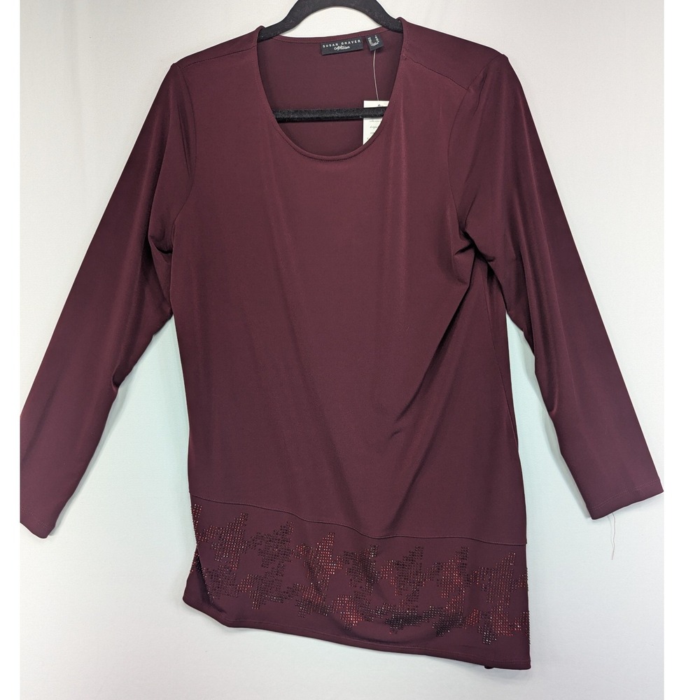 Susan Graver Artisan Burgundy Beaded Asymmetrical Hem Long Sleeve Top Small NEW